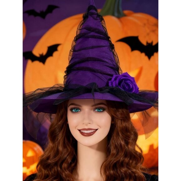 Halloween Witch Hat Cotton Ruched Roses Veil Costume Accessory for Women